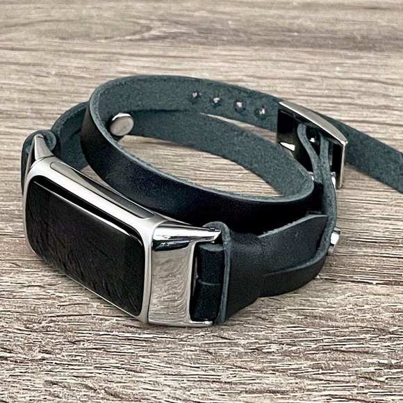 Double Wrap Black Leather Strap Silver Fitbit Charge 5 Band Women Wristband - Picture 2 of 8